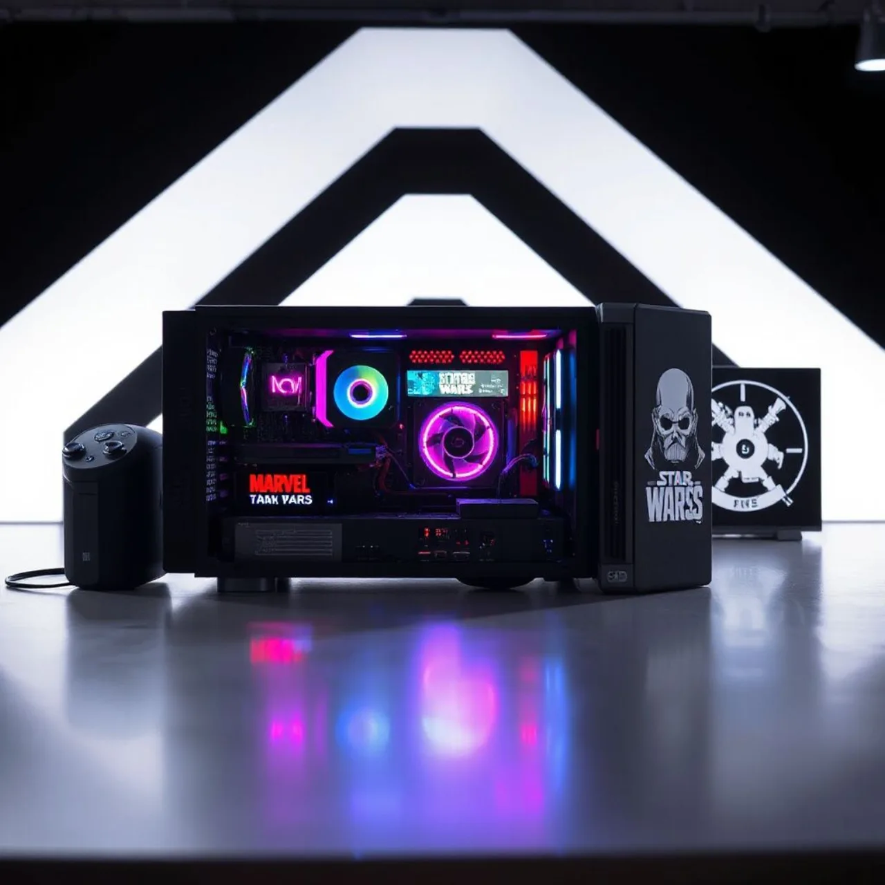 Uma cadeira gamer ergonômica da TTRacing com design inspirado em personagens da Marvel, Star Wars e One Piece, exibida em estande tecnológico