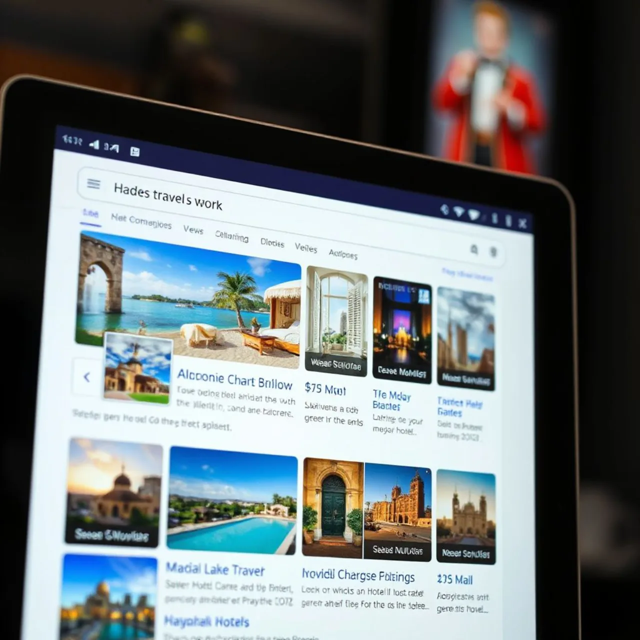 Tela de computador exibindo busca Google com resultados de hotéis, voos e restaurantes ao lado da bandeira da UE