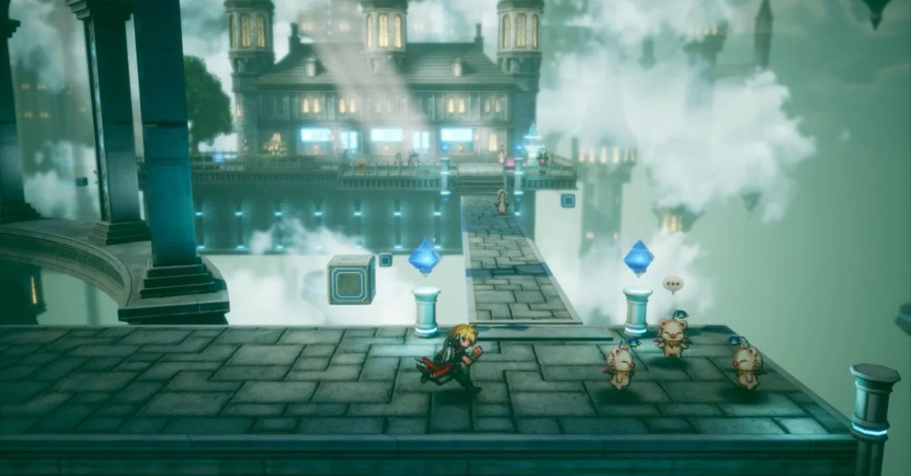 Personagem heroico em pixel art com fundo 3D vibrante, ao lado do logo da Square Enix, representando o estilo HD‑2D