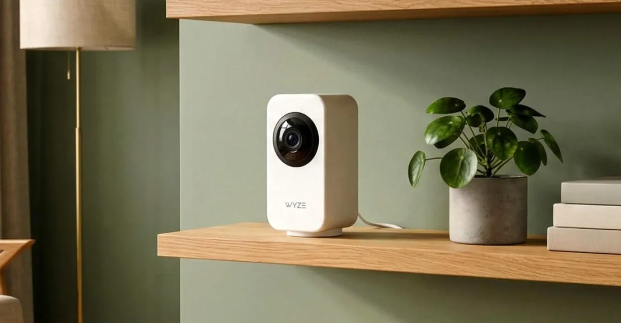 Pessoa fazendo alongamento de yoga em sala iluminada, com a Wyze Indoor Cam Pan no canto, lente retraída