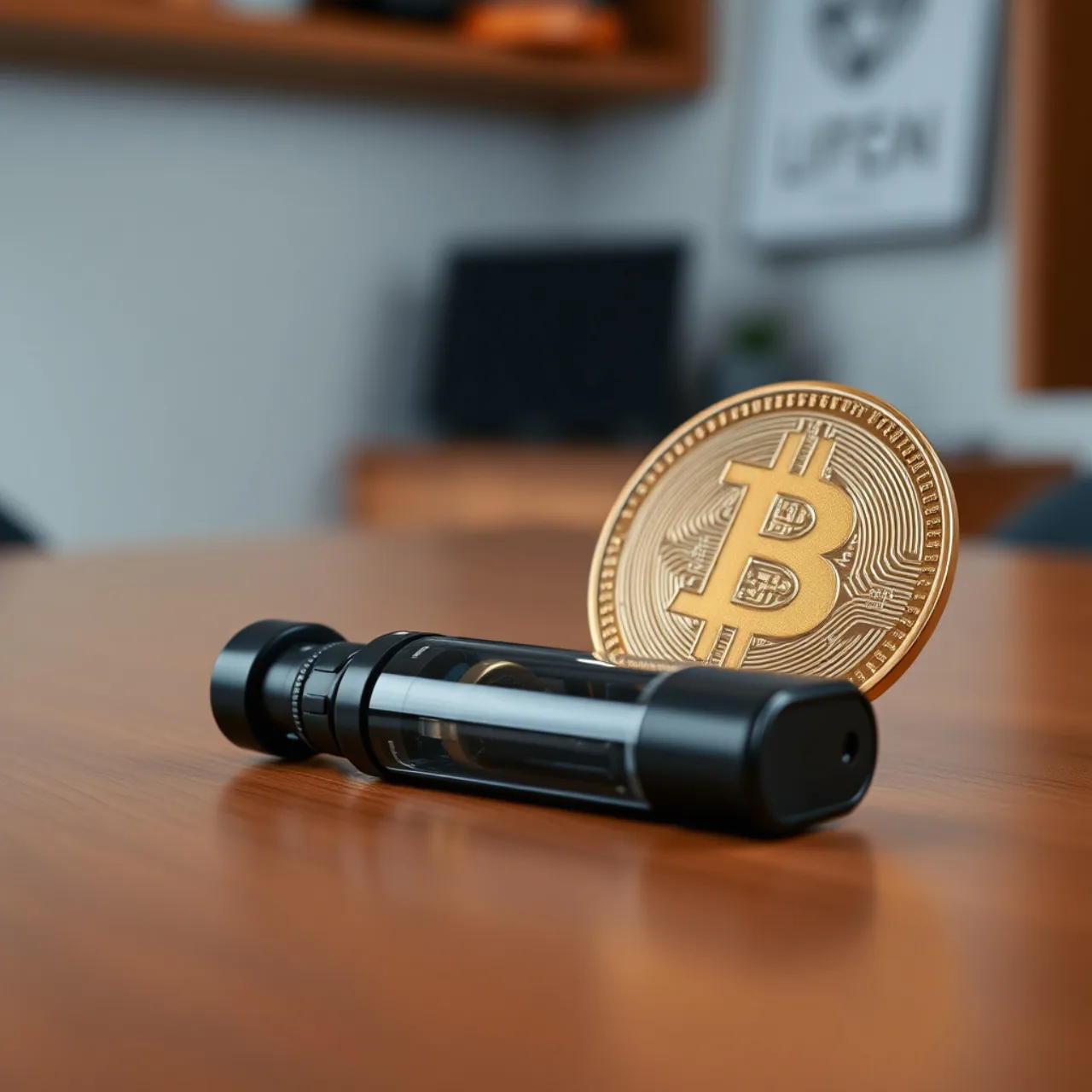 Pessoa segurando um vape moderno ao lado de um smartphone exibindo gráficos de Bitcoin e uma carteira digital