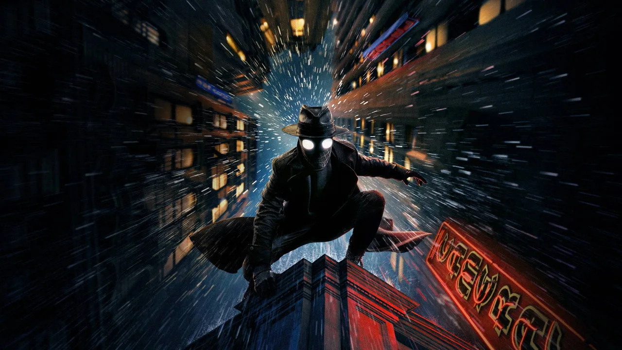 Pessoa praticando calistenia em um beco escuro com luz neon, evocando a estética noir e o treinamento de super-herói