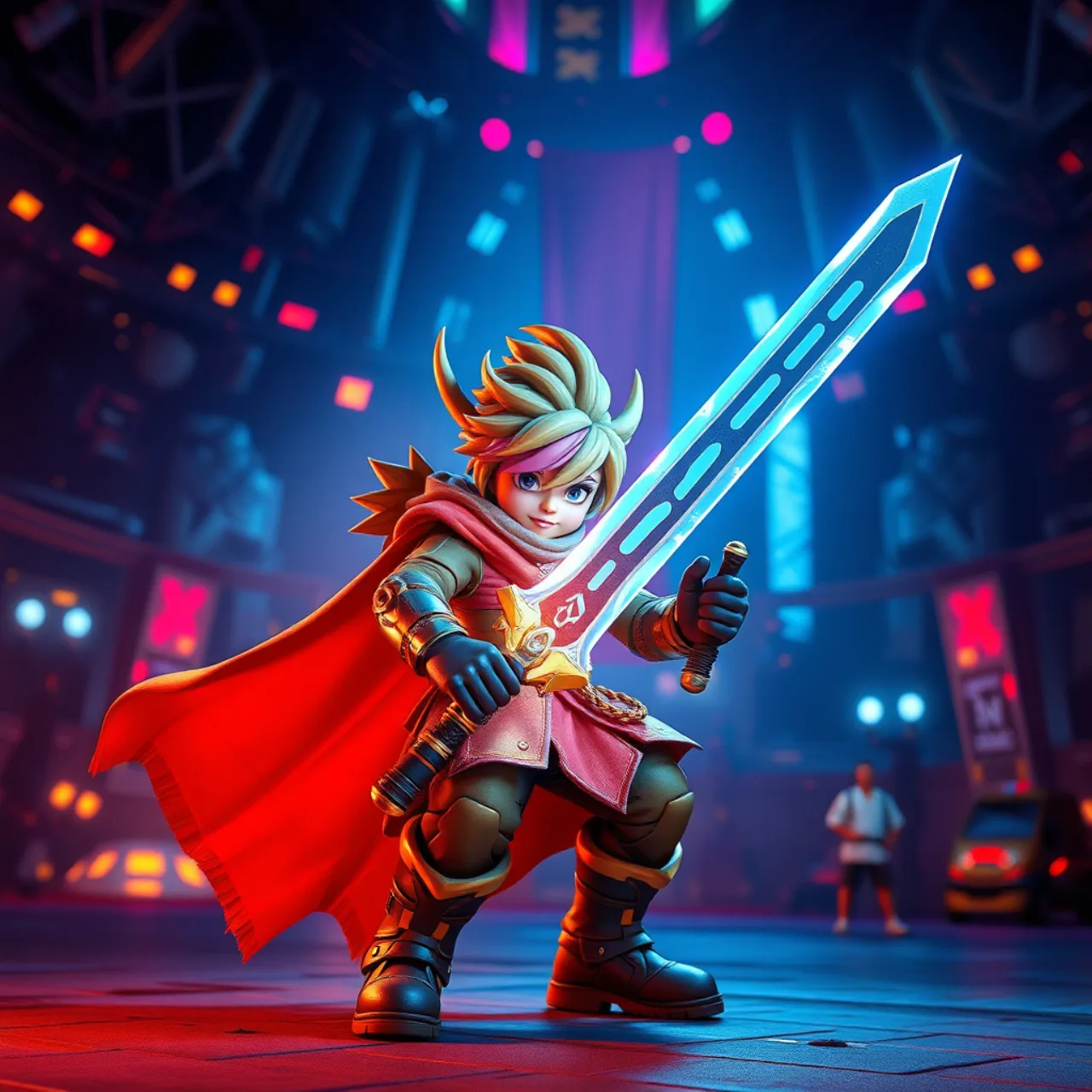 Jogador em pose de agachamento, vestindo a skin de Sora de Kingdom Hearts, com mochila luminosa e fundo de arena Fortnite