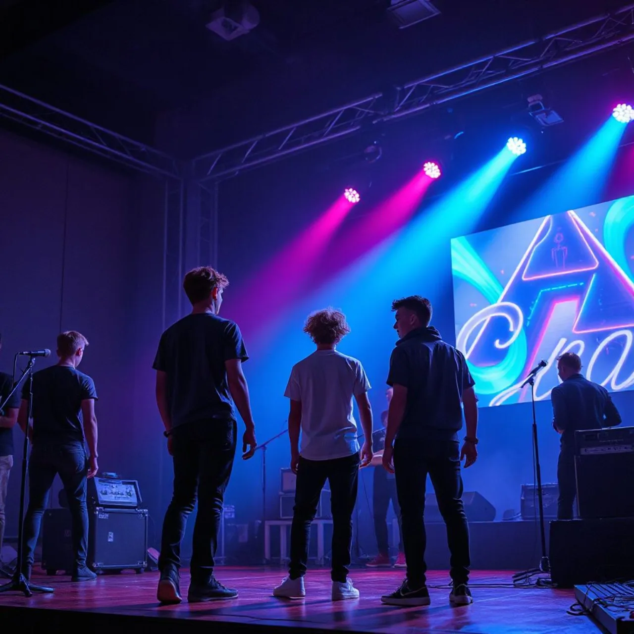 Membros de PLAVE posam ao lado da capa neon do mini‑álbum HYPERDRIVE, com a data 12/10 destacada
