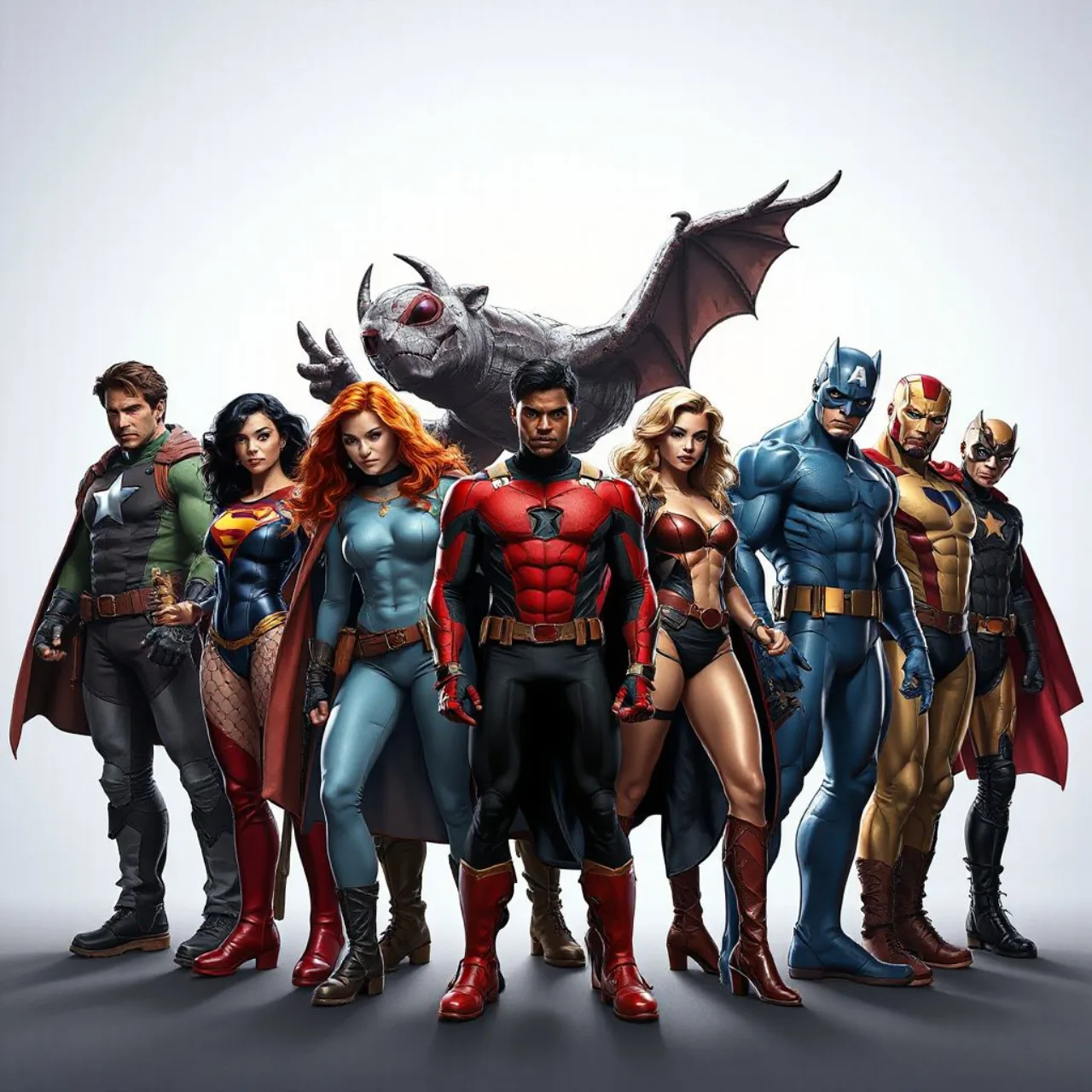 Lois Lane, Alfred, Max Mercury, Big Barda e Linda Park‑West posam ao lado do logotipo da DC Comics