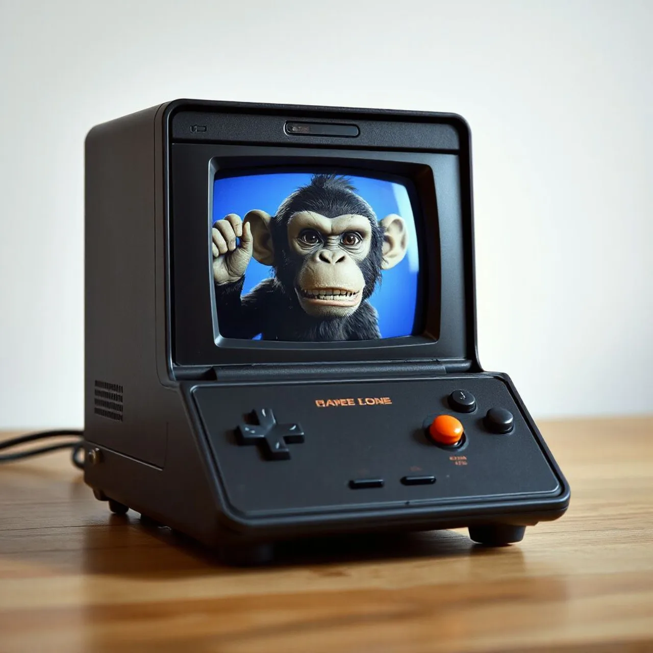 Logo colorido de Ape Escape ao lado de um macaco segurando um controle de PlayStation, com o selo Evening Star Studio