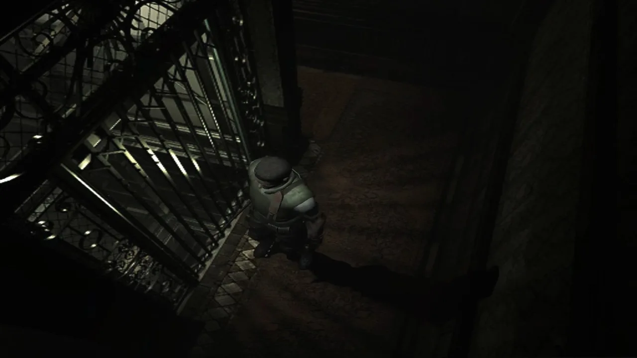 Elfa de Frieren vestida de traje de S.T.A.R.S., segurando um haltere enquanto zumbis de Raccoon City ao fundo