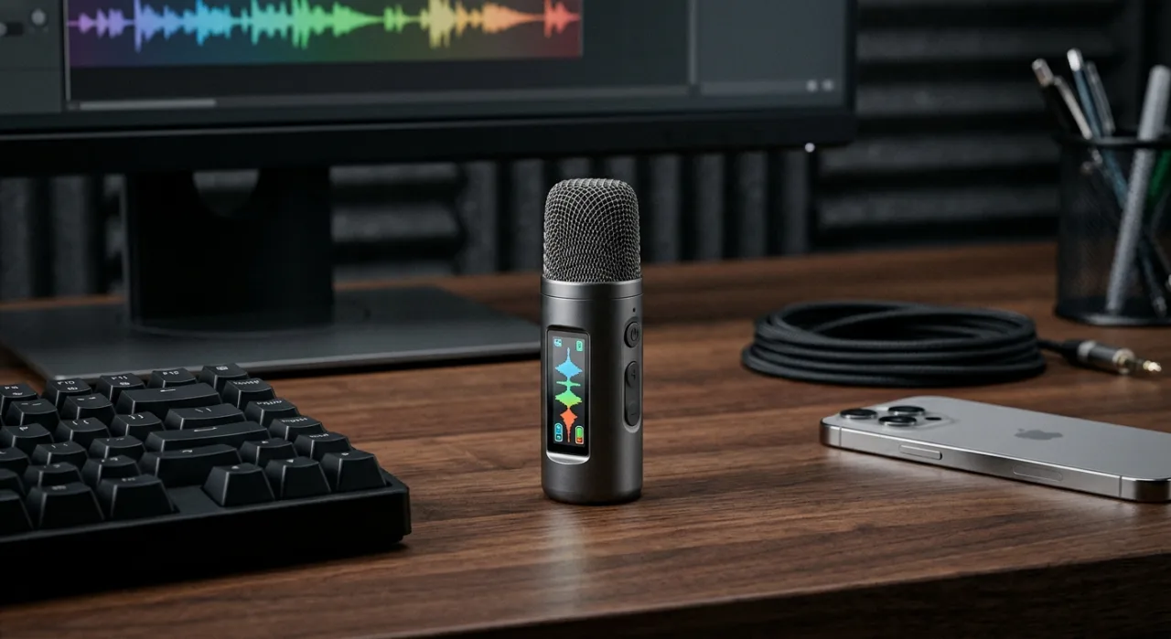 Microfone wireless da Insta360 com tela colorida exibindo gráficos, ao lado do logotipo da marca sobre fundo neutro