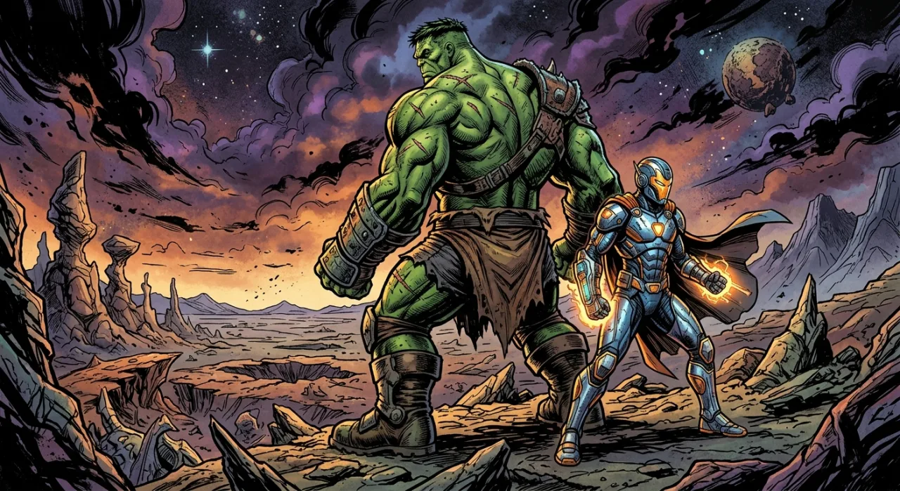 Hulk levantando pesos monumentais em uma academia moderna, cercado por suplementos e equipamentos de musculação