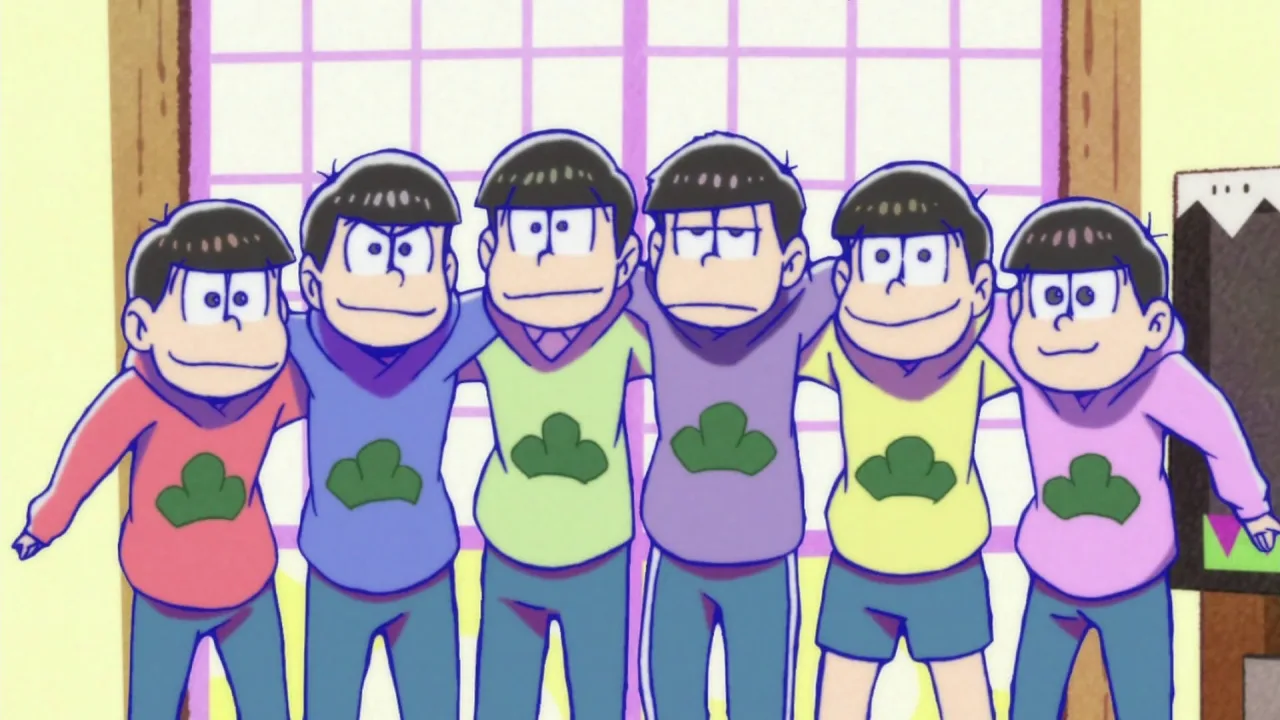 Personagens de anime praticando ioga com tapetes coloridos e garrafas de água ao lado de frutas frescas