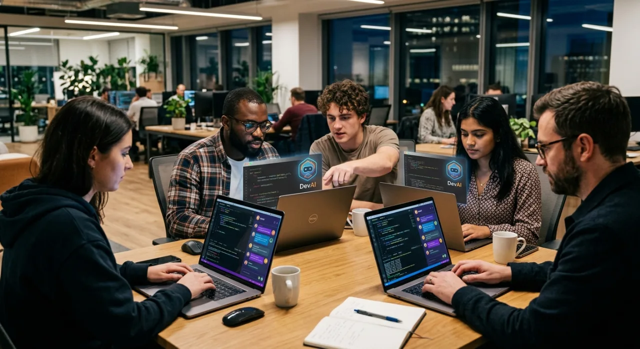 Programador em camiseta esportiva faz agachamento ao lado de notebook aberto com código e garrafa de água