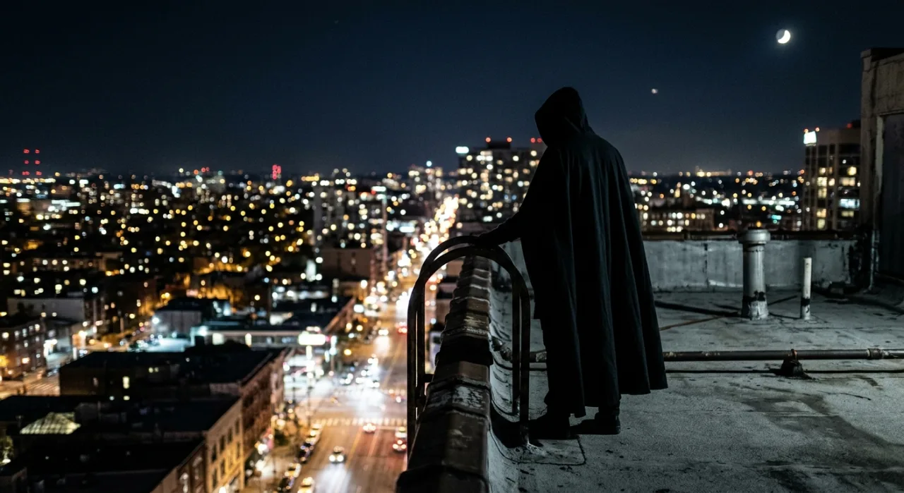 Glenn Powell posando como Batman, vestindo capa escura e máscara, ao lado do logotipo do filme de James Gunn