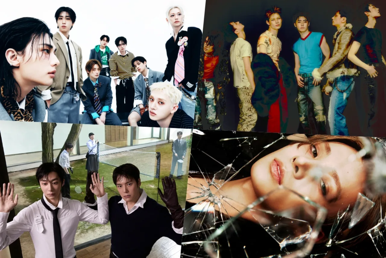 Membros de Stray Kids posam ao lado do álbum THIS & THAT, com o logo da Billboard World Albums ao fundo