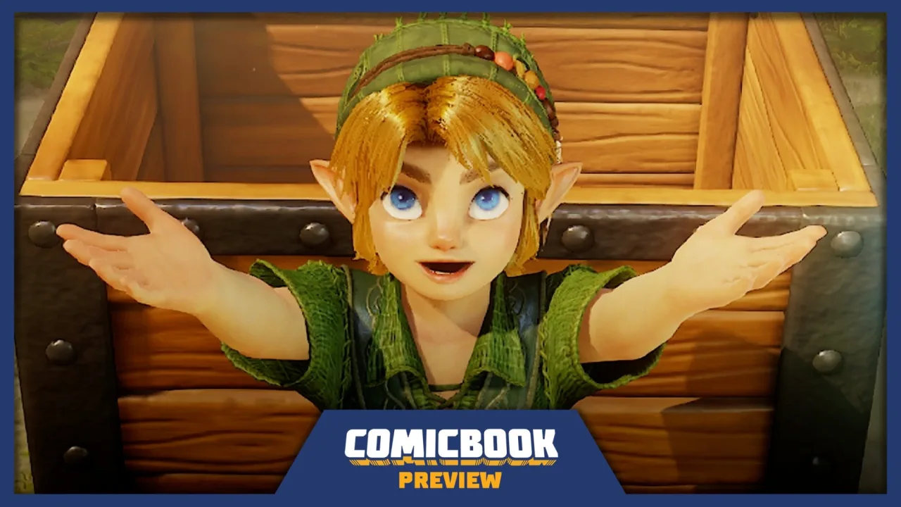 Link empunhando a Master Sword ao lado de um Switch 2, com o logo de Ocarina of Time ao fundo