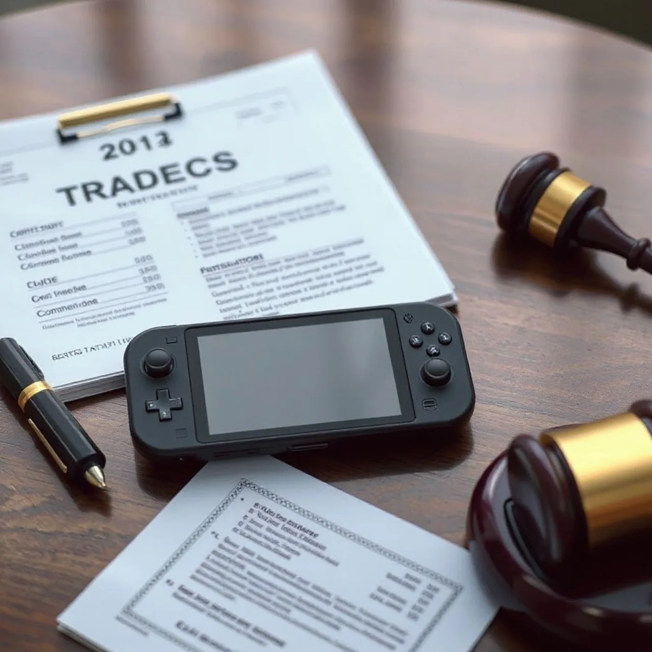 Console portátil Anbernic com logo da ESA e selo “Superfake” sobre fundo de código de emulador
