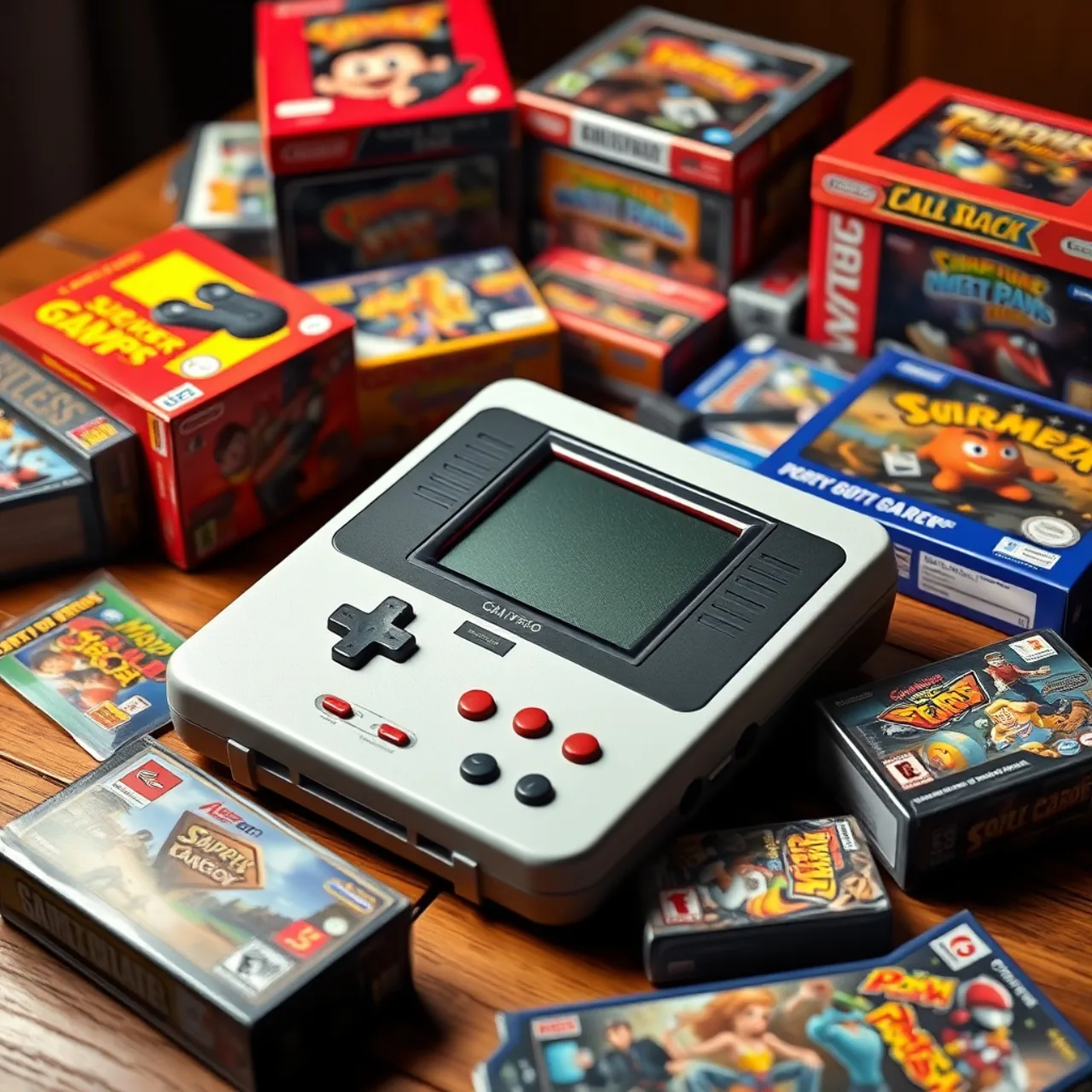 Um console Evercade aberto ao lado de duas caixas de jogos, com capas de DOOM e Banjo‑Kazooie sobre uma mesa de madeira