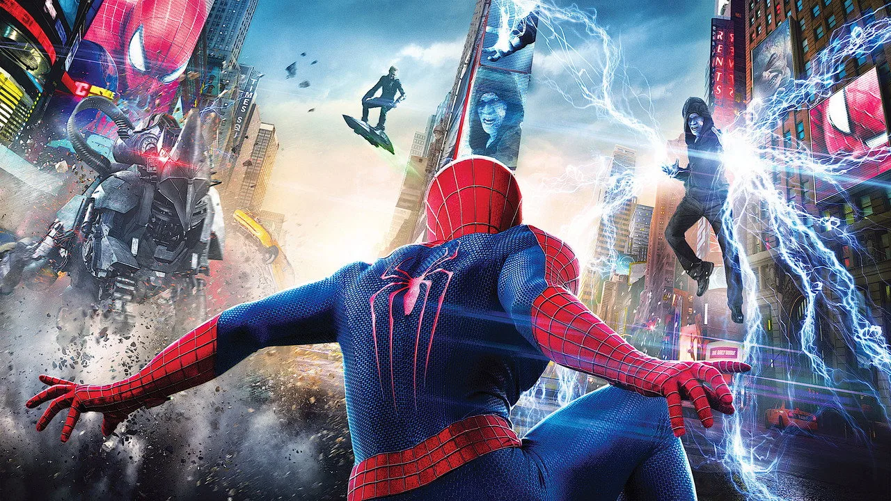 Homem em traje vermelho e azul de Spider‑Man fazendo flexões em academia, com halteres e espelho ao fundo