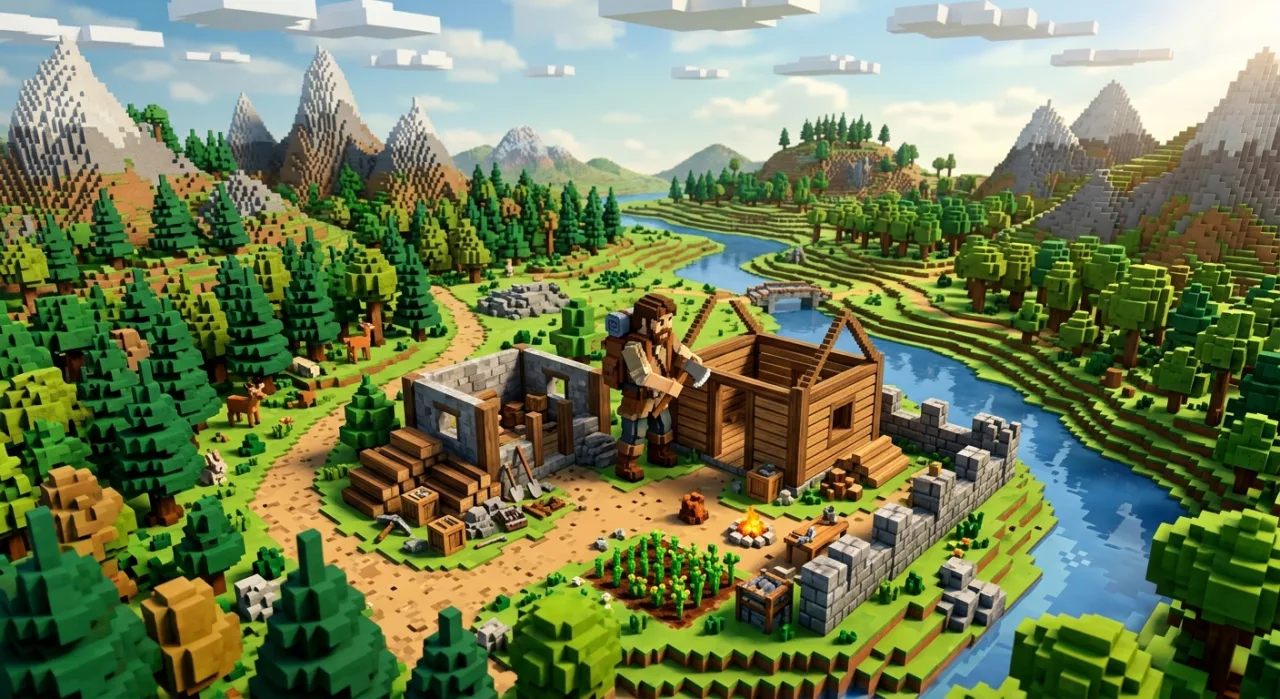 Logo de Enshrouded ao lado do console PS5, exibindo uma paisagem voxel com um personagem segurando um machado