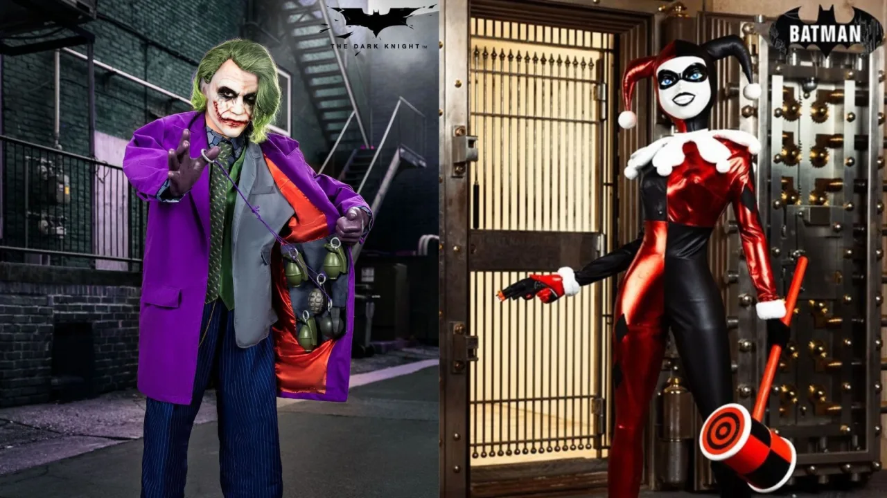 Joker animatrônico de 6 pés, com sorriso sinistro e maquiagem de palhaço, em iluminação sombria de Halloween