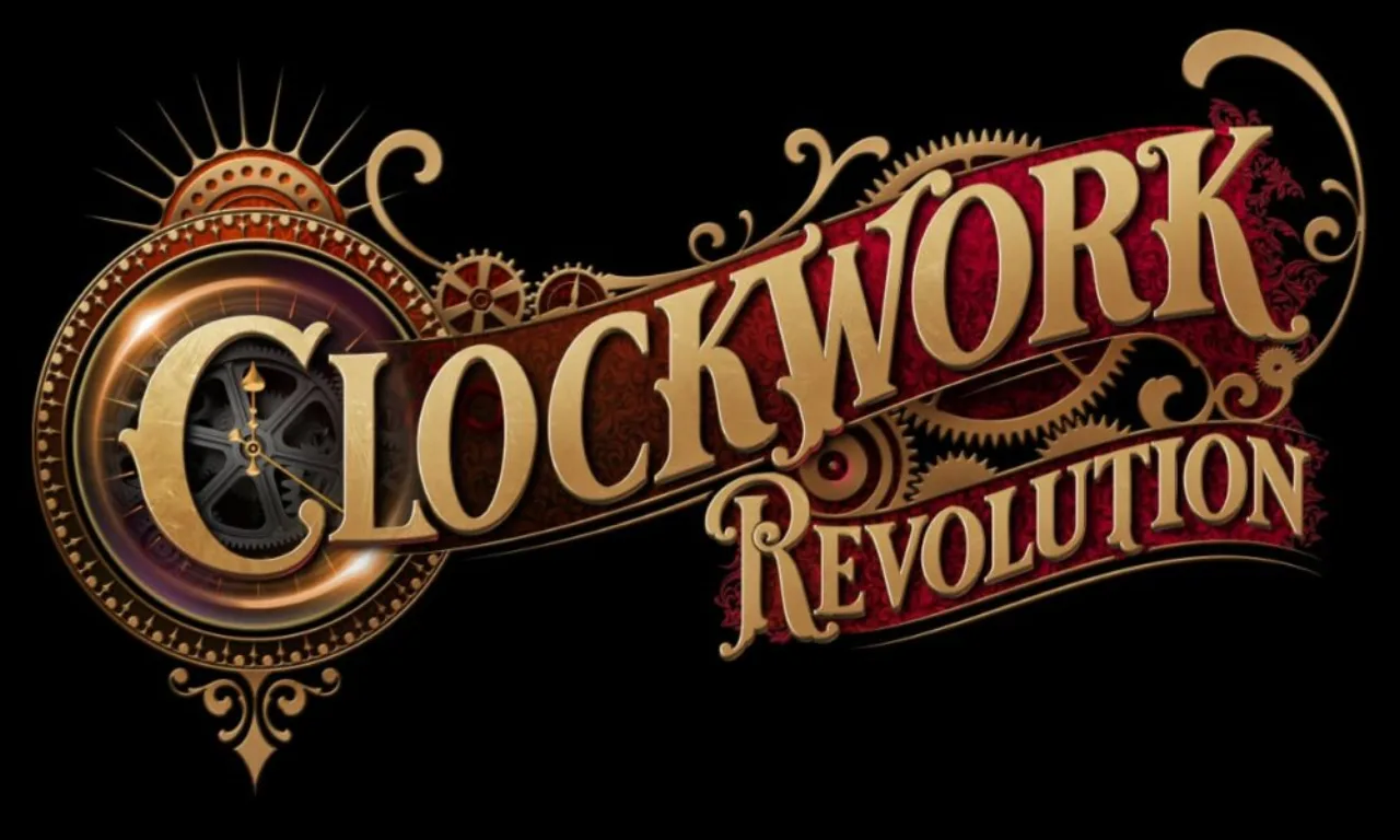 Jovem vestindo camiseta temática de Clockwork Revolution faz agachamento segurando controle Xbox