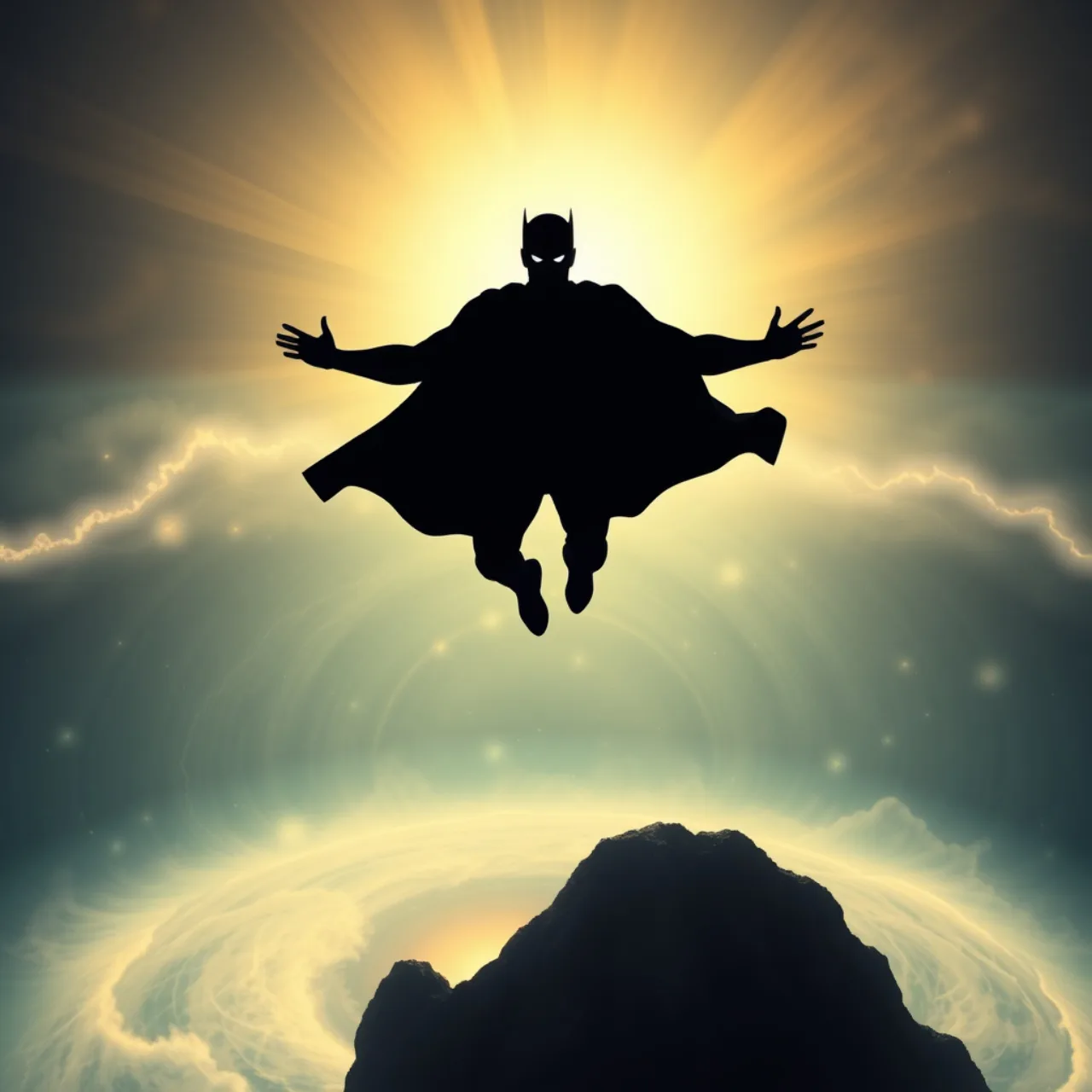Superman em traje clássico, segurando halteres dourados enquanto corre numa pista de corrida futurista