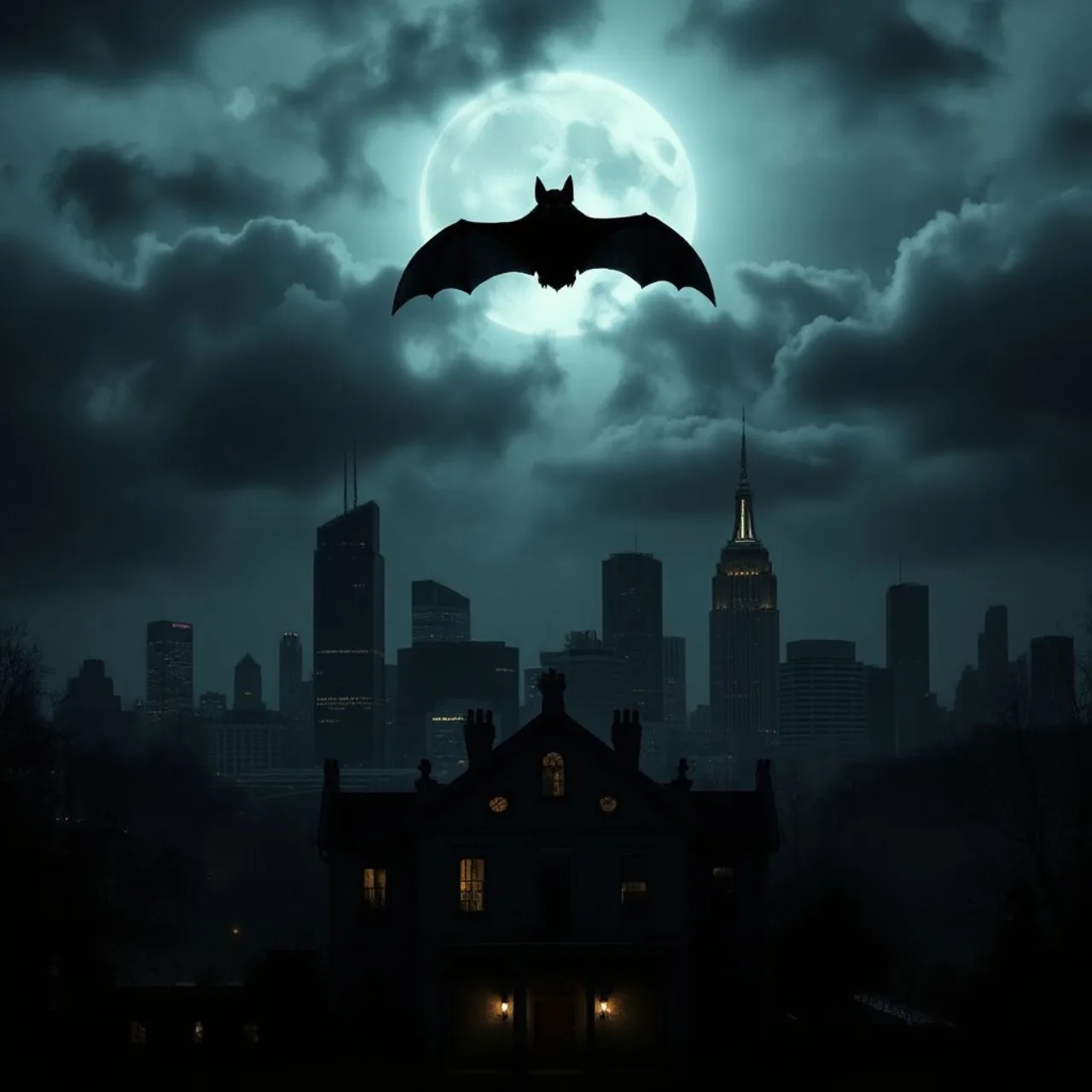 Batman em capa sombria, cercado por abóboras iluminadas e o símbolo do morcego sobre o céu noturno de Gotham