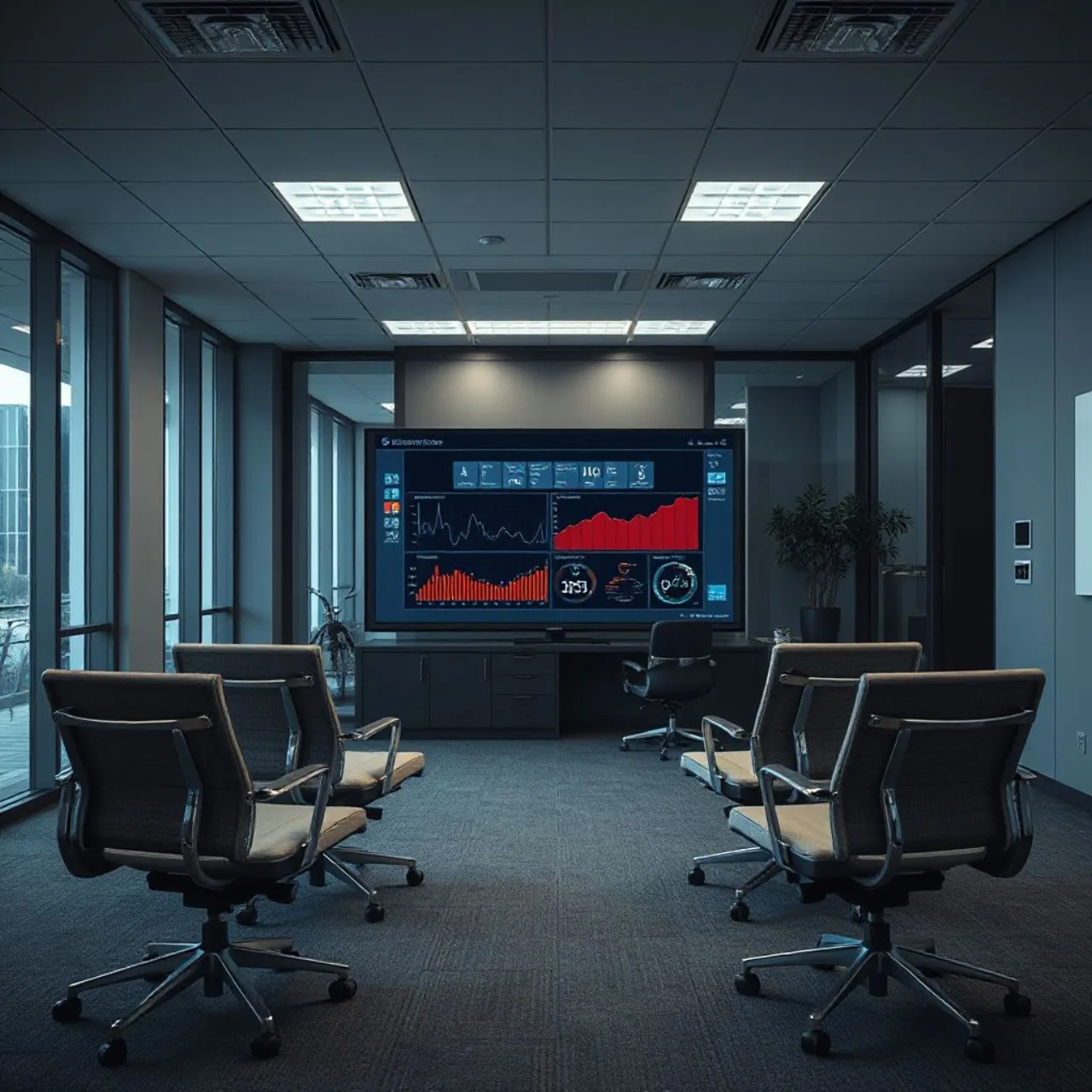 Logotipo da OpenAI na fachada do prédio, com três cadeiras vazias e um monitor exibindo código de segurança