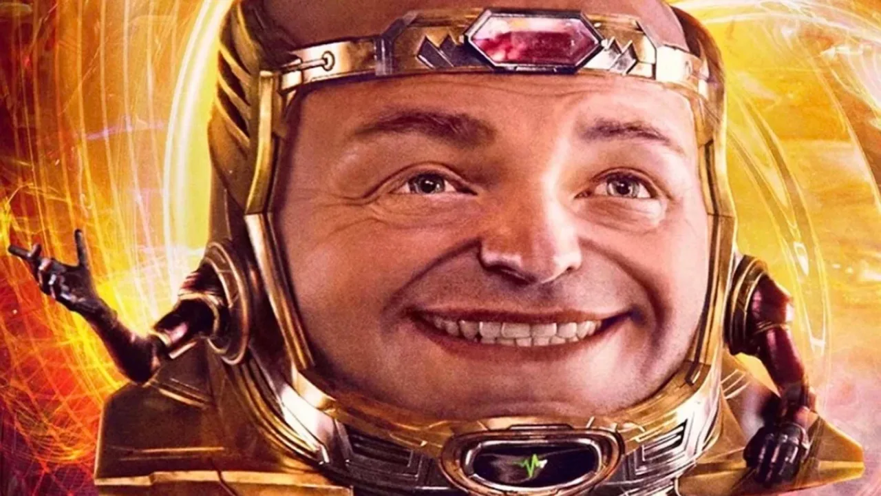 Homem fazendo flexão ao lado de pôsteres de X‑Men, Blade, Ant‑Man, Wolverine e Spider‑Man