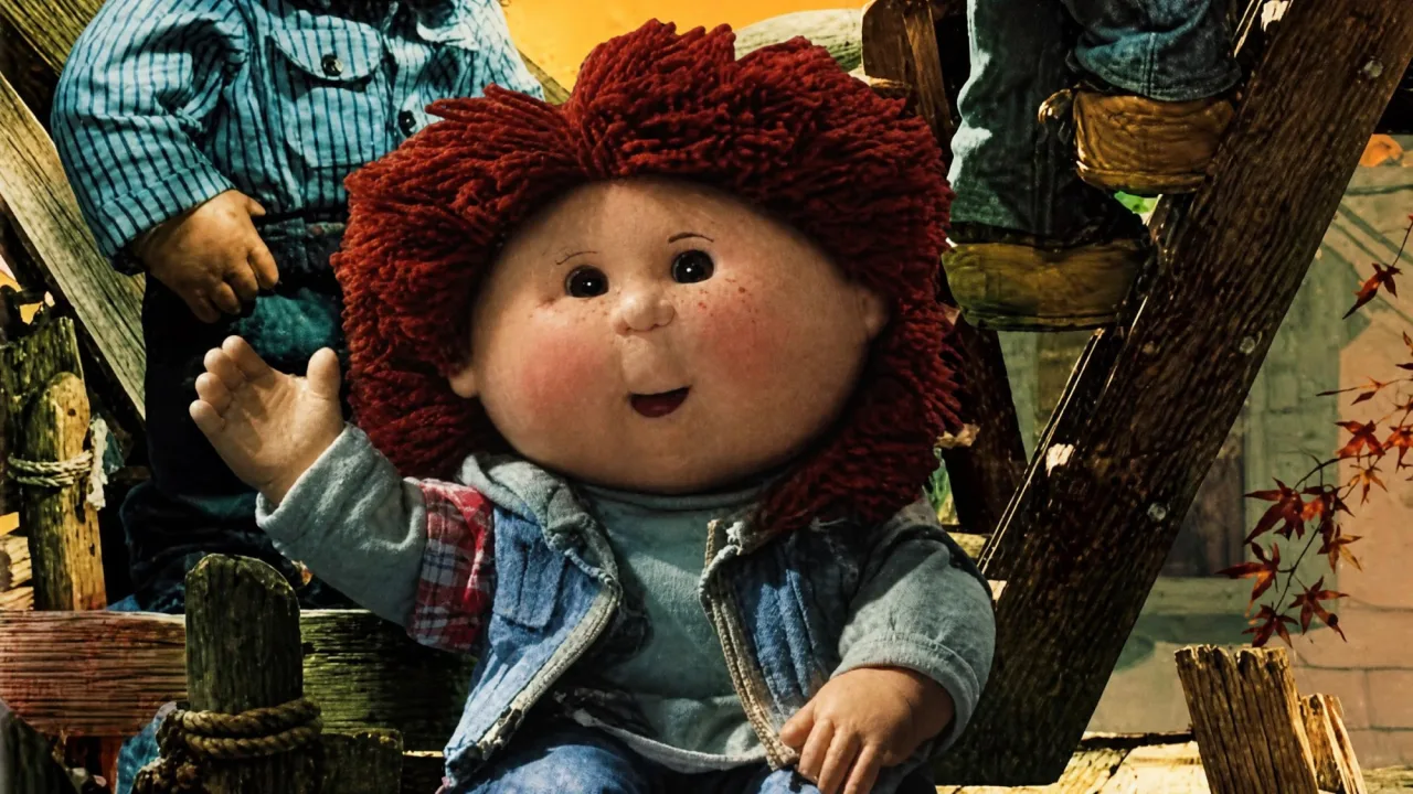 Bonecos Cabbage Patch Kids em miniatura, cenário colorido de stop‑motion e câmera de filmagem dos anos 90
