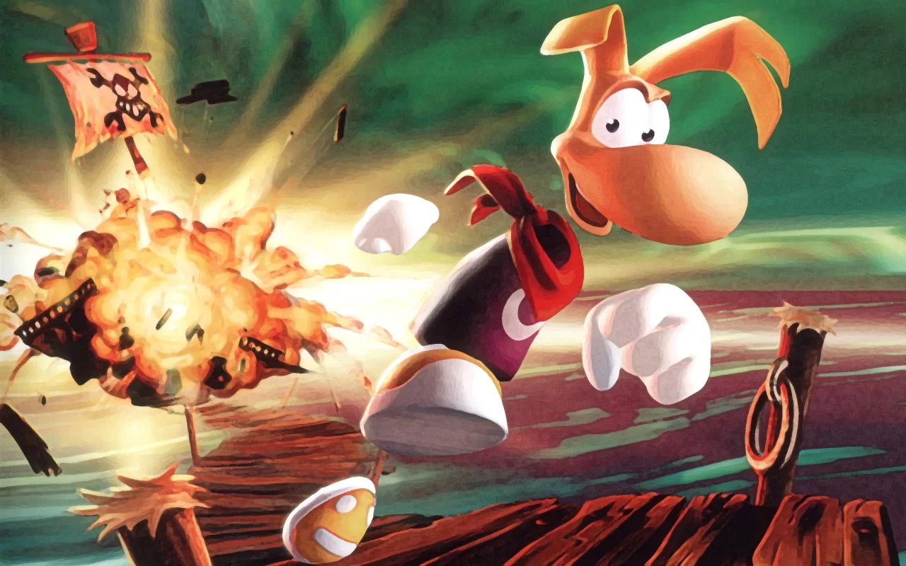 Jovem em roupa esportiva segura o controle do Rayman 3D, ao lado das duas capas – NA colorida e EU mais sóbria