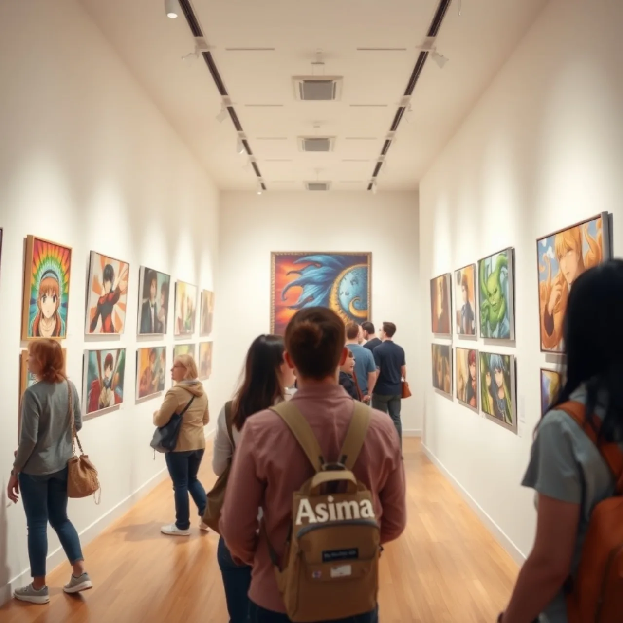 Mulher em leggings faz agachamento ao lado de um quadro colorido da Yabai Exhibit