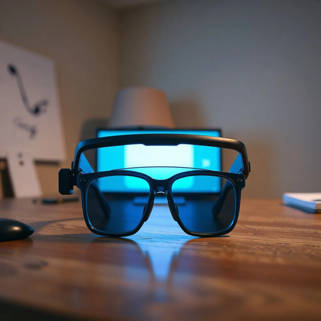 Modelo Viture Pro 2 XR nos olhos de usuário, projetando tela gigante de cinema em sala de estar moderna