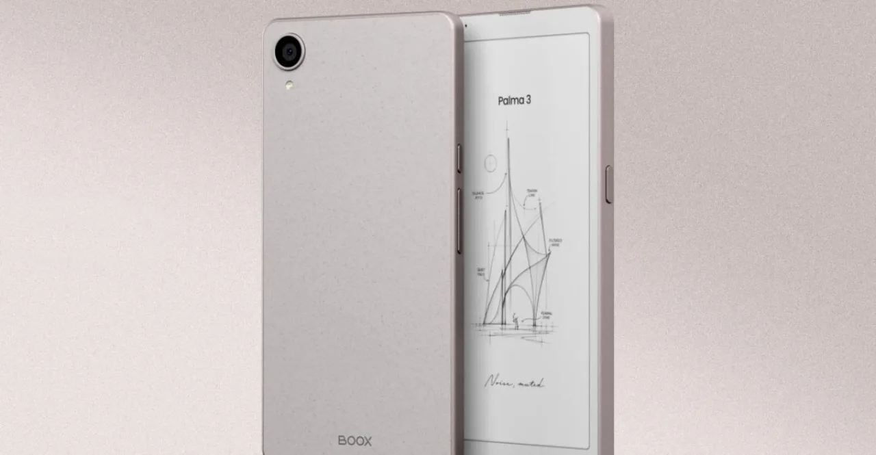 Boox Palma 3 com caneta stylus sobre mesa, exibindo tela renovada e preço destacado em dólares