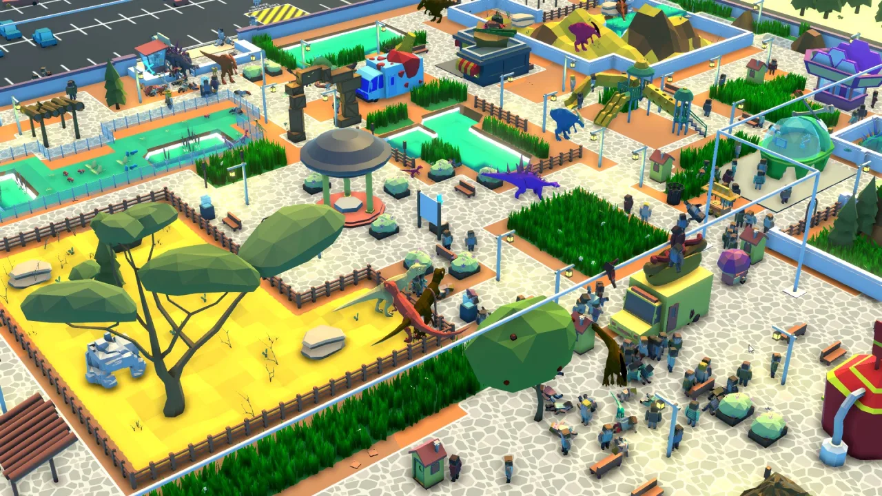 Um jogador em postura de agachamento, segurando um controle PS5, ao lado de uma tela que mostra dinossauros em um parque virtual