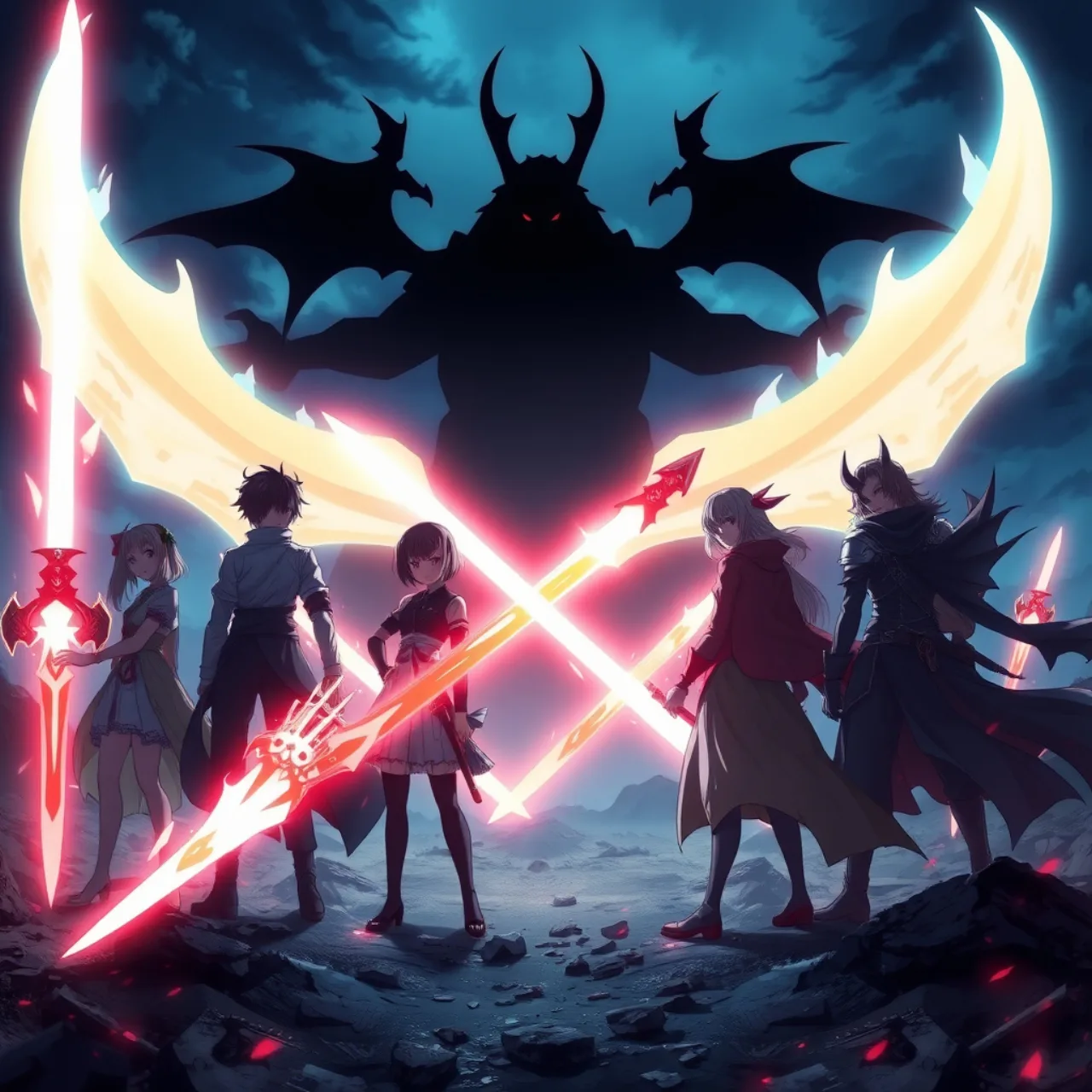 Atleta em pose de luta, segurando halteres, com fundo de sombras demoníacas e símbolos de anime