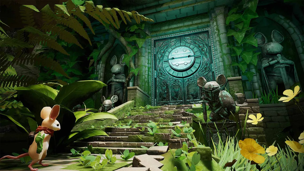 Quill, a ratinha protagonista de Moss, segurando sua espada em um cenário de floresta detalhado e mágico
