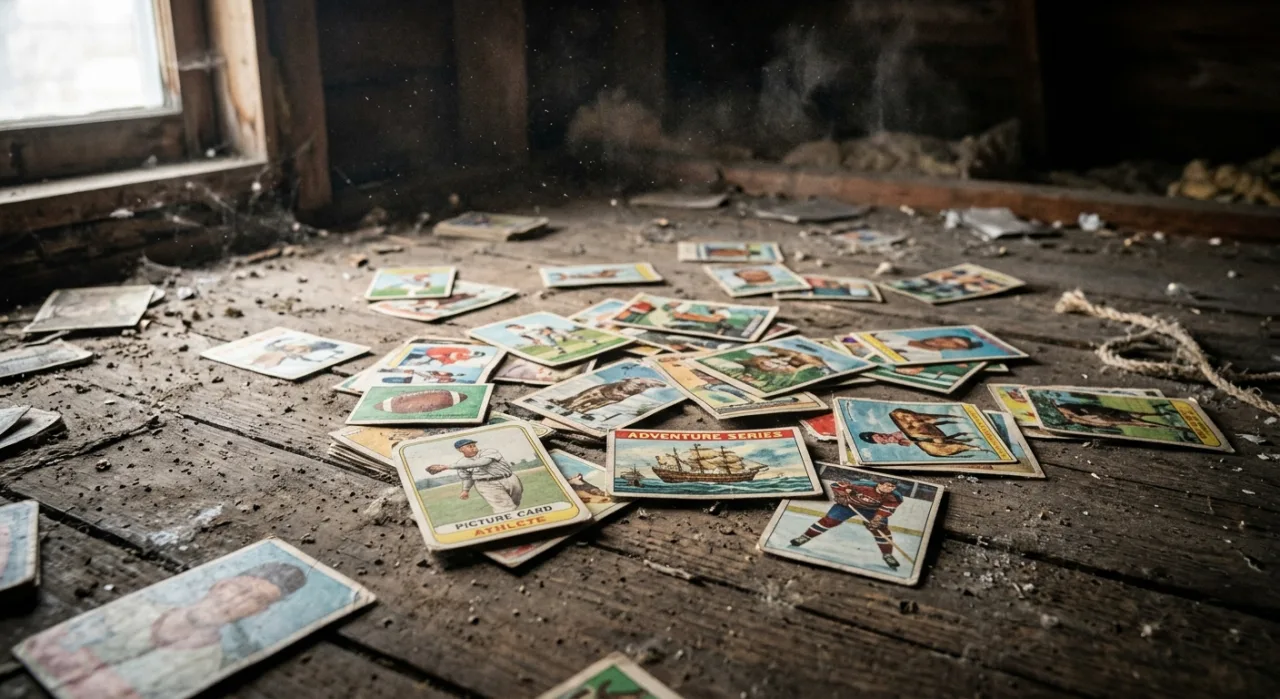 Cartas raras de Pokémon, incluindo um Charizard holográfico, espalhadas sobre uma mesa com etiqueta de US$1,17 mi