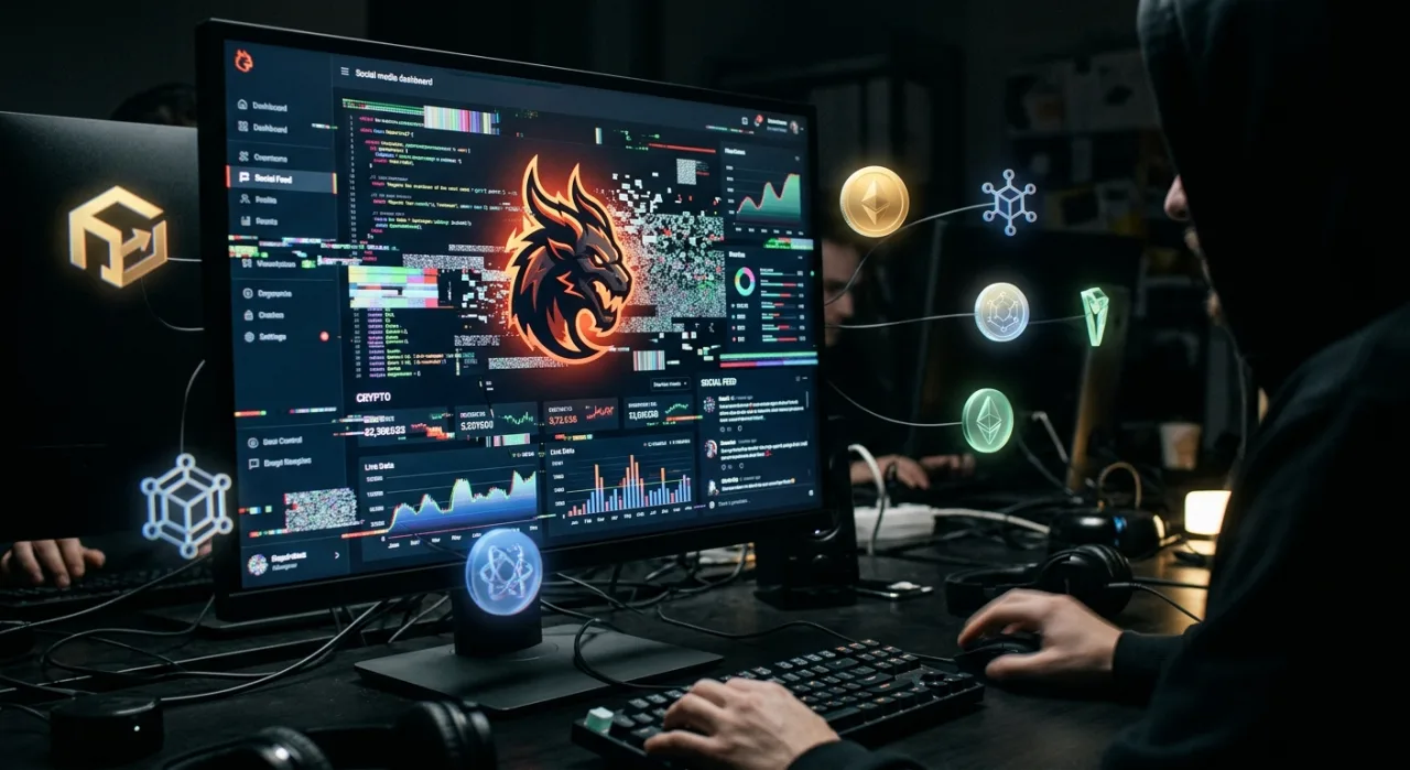 Jovem vestindo roupa de treino, segurando celular com logo da Pokémon e gráficos de criptomoeda ao fundo