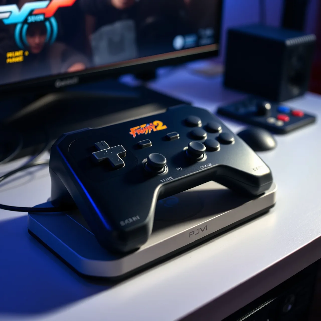 Um jogador em postura de agachamento, segurando o controle do PS5, ao lado de uma garrafa de água e um prato de frutas