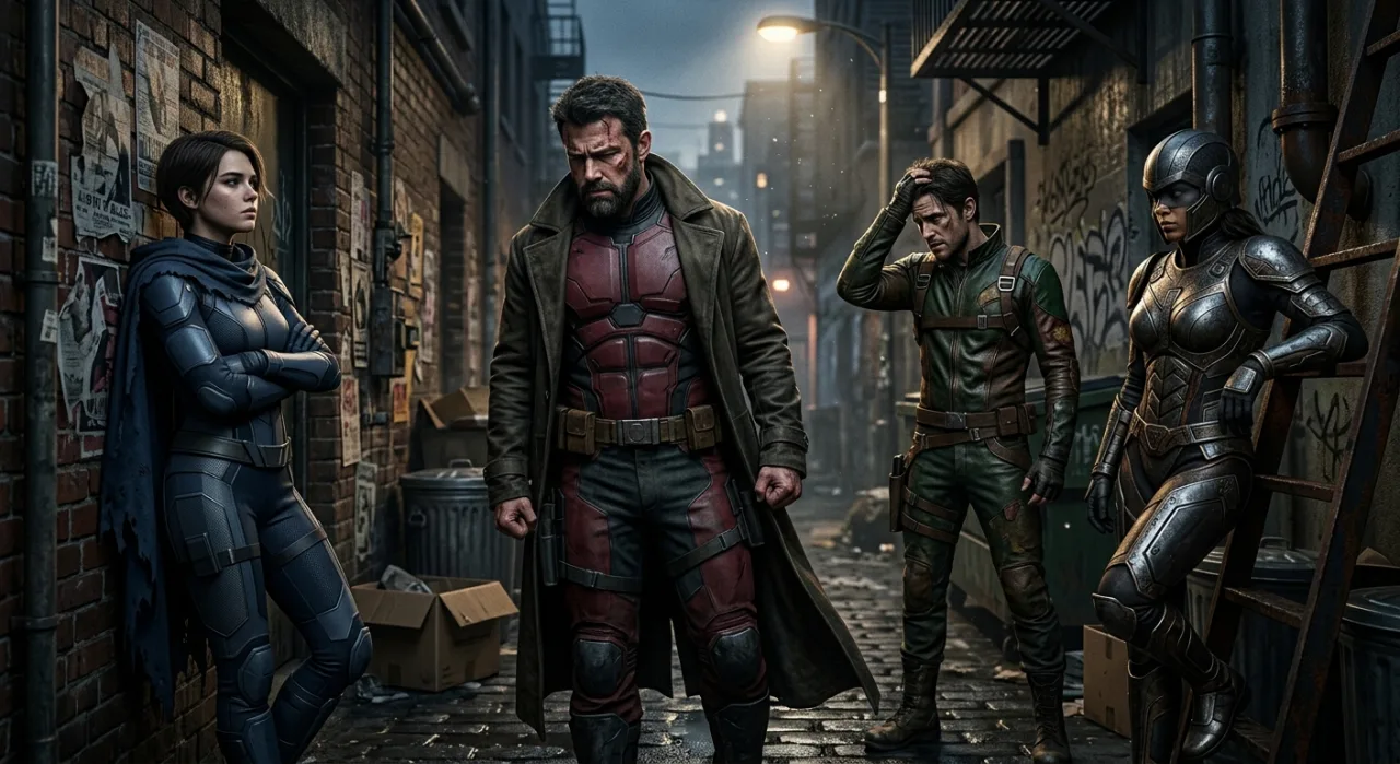 Wolverine, Deadpool, Loki, Magneto e Capitão América em poses contrastantes sobre fundo escuro