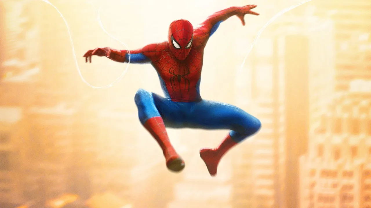 Um corredor usando tênis neon, segurando uma garrafa d’água, passa ao lado de um mural com o logo do Spider‑Man