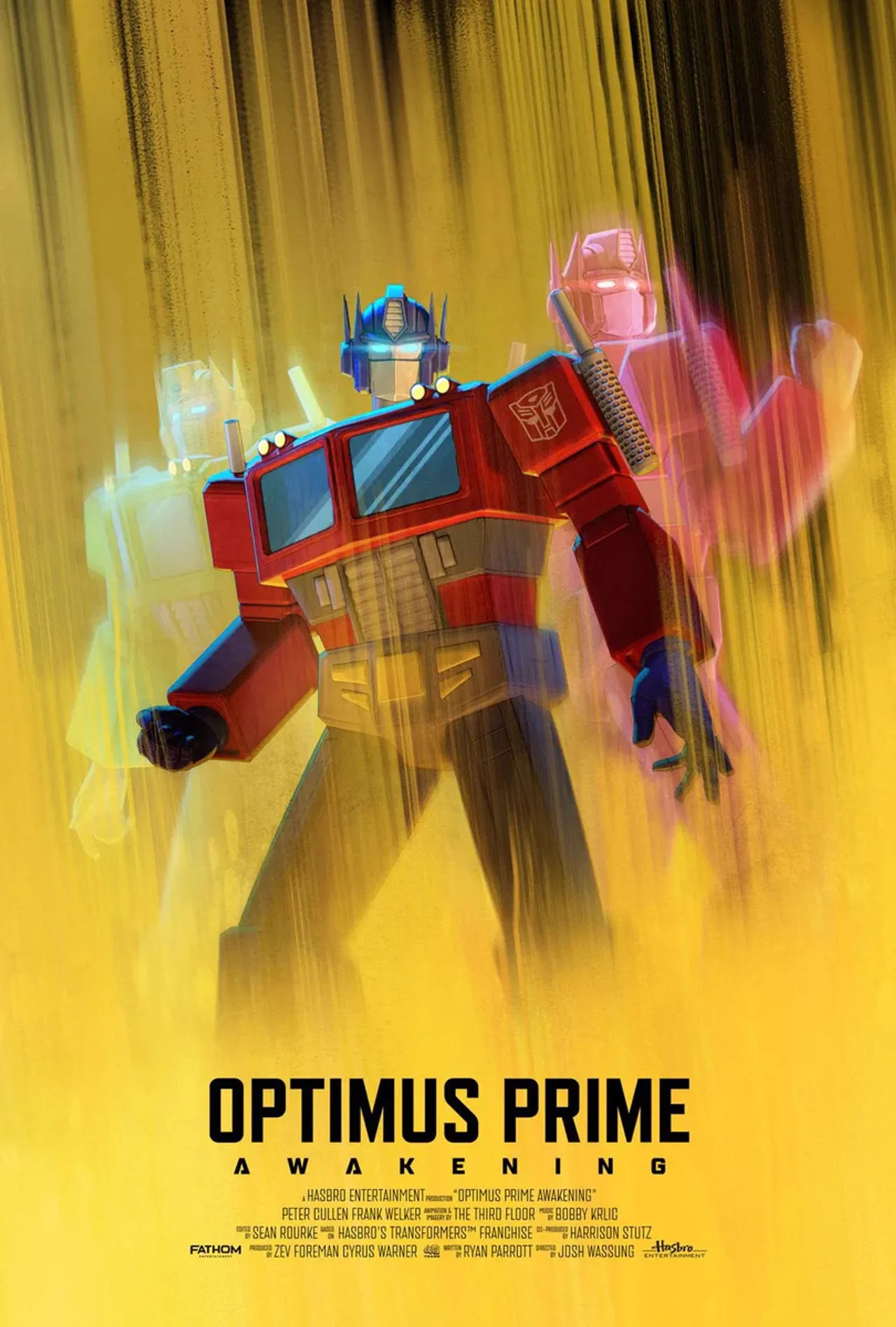 Homem musculoso vestindo camiseta dos Transformers levanta halteres ao lado de pôster de Optimus Prime