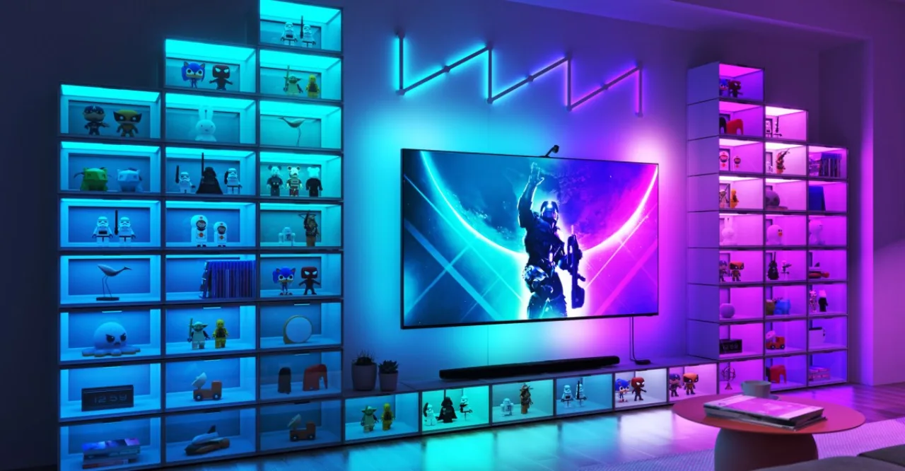 Painéis de luz modulares da Nanoleaf iluminando um ambiente moderno integrado a dispositivos de automação SwitchBot