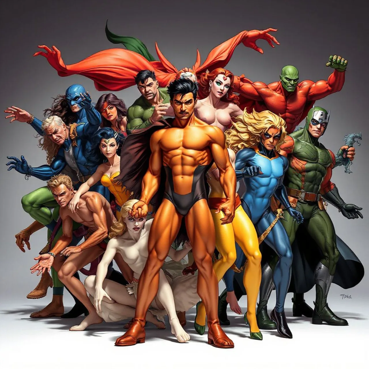 Metamorpho, Martian Manhunter, Beast Boy, Plastic Man e Miss Martian em pose heroica, com Clayface ao fundo