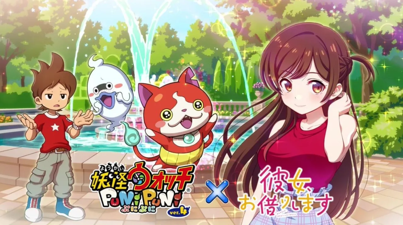 Jovem sentado em um tapete de yoga, segurando o celular e jogando Yo‑kai Watch Puni Puni, com garrafas de água ao lado