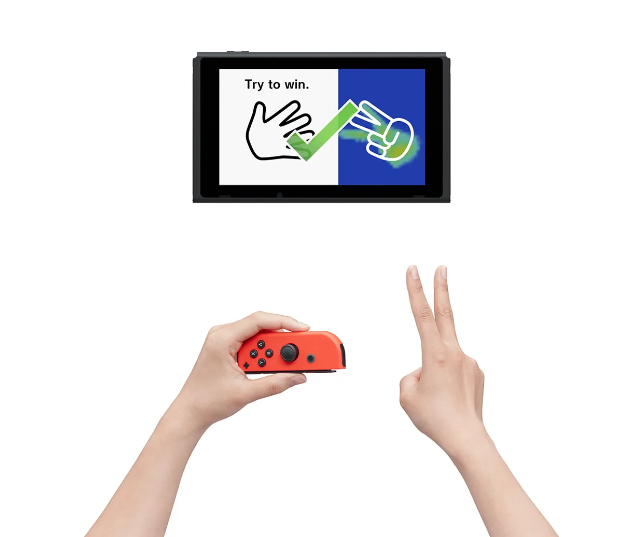 Jovem segurando controle de Switch 2 enquanto faz agachamento, com console e jogos ao fundo