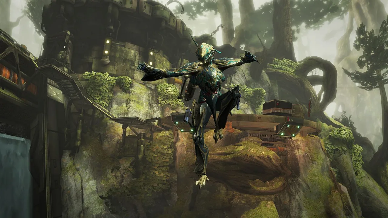 Jogador sentado, usando headset, levanta halteres enquanto observa a tela com ícones de Warframe, SpaceCraft e Anthem