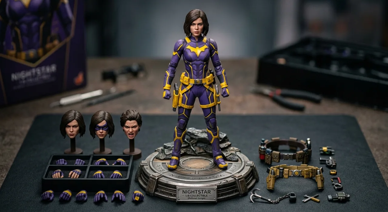 Action figure articulada da Batgirl em pose dinâmica sobre base temática, exibindo acessórios e detalhes da série