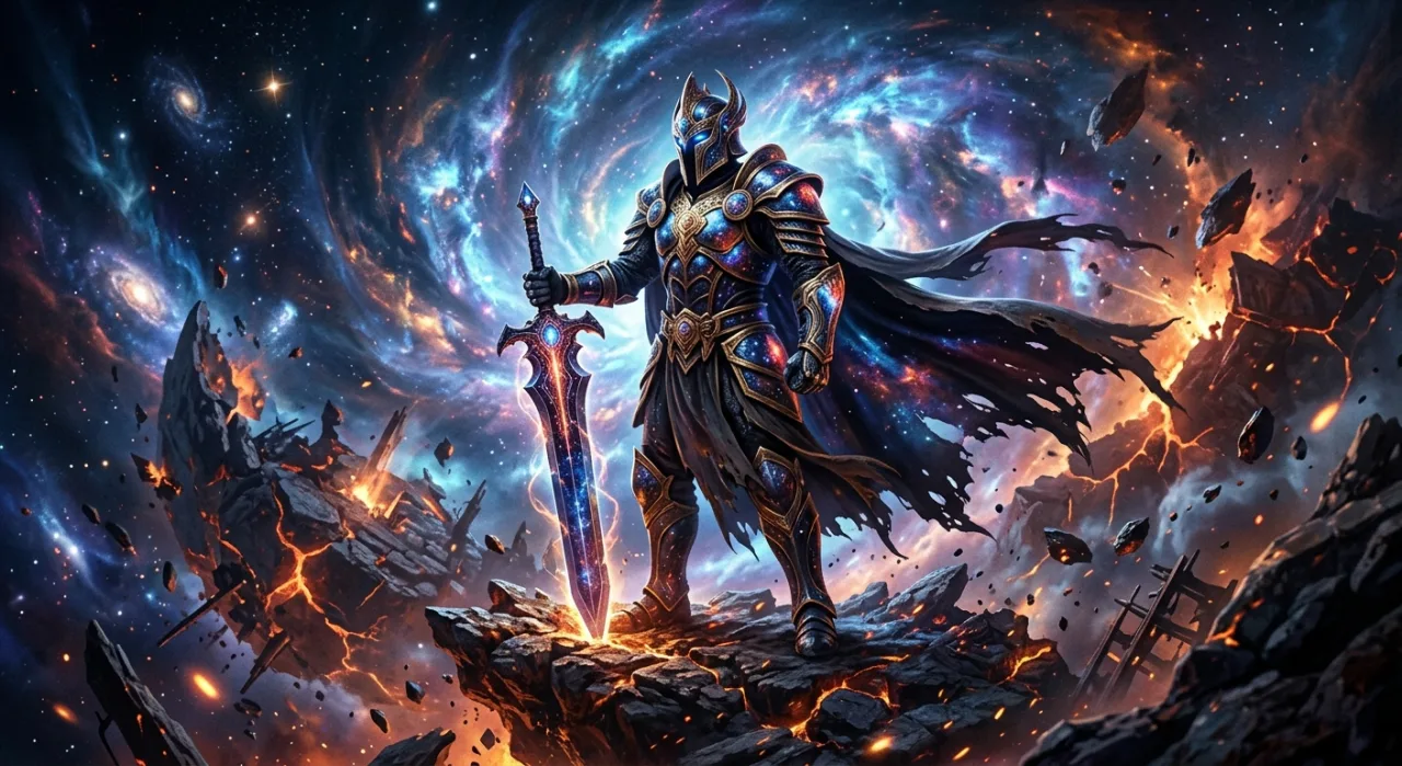 Doctor Doom de armadura verde, cercado por energia cósmica e um trono futurista, simbolizando seu poder divino