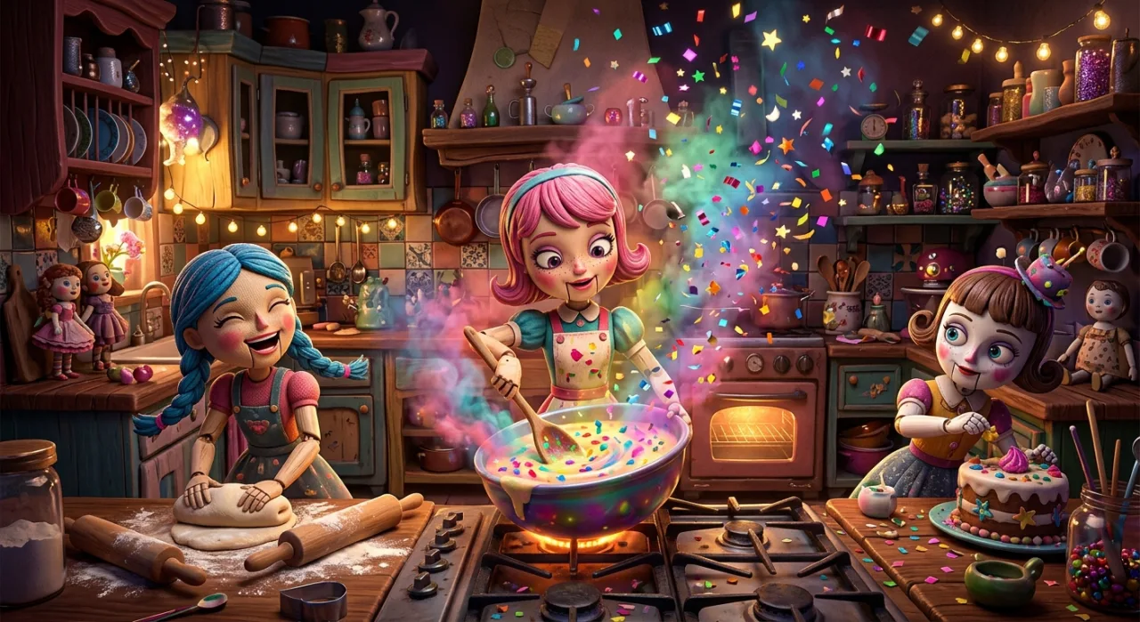 Personagens de anime preparando uma refeição colorida e saudável em uma cozinha moderna com utensílios vibrantes